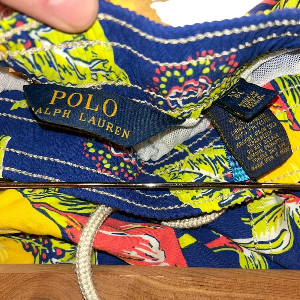 Polo Ralph Lauren bright yellow blue tropical plumeria flowers swimming trunksXL